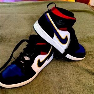 Multicolor Jordan High-Top Sneakers with Yellow Swoosh